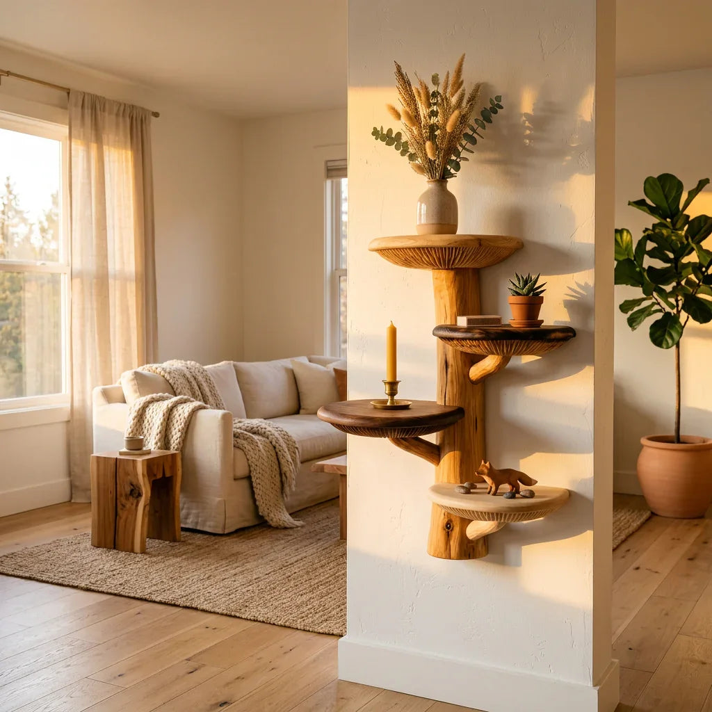 Two-Tone Mushroom Tree Wall Shelf with 4 Wide Round Platforms - Handcrafted Solid Wood Floating Shelf with Mixed Wood Caps and Visible Gill Carving - Ashdeco 2026