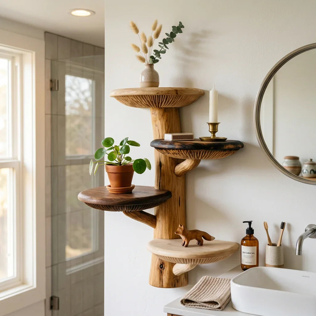 Two-Tone Mushroom Tree Wall Shelf with 4 Wide Round Platforms - Handcrafted Solid Wood Floating Shelf with Mixed Wood Caps and Visible Gill Carving - Ashdeco 2026