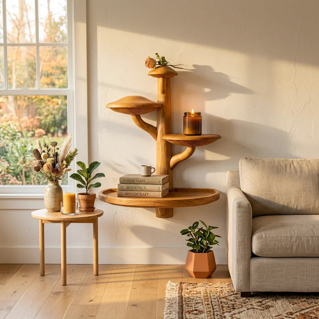 Mushroom Tree Wall Shelf with Large Oval Base Tray and 3 Mushroom Cap Shelves - Handcrafted Solid Wood Floating Shelf with Carved Gill Detail - Ashdeco 2026