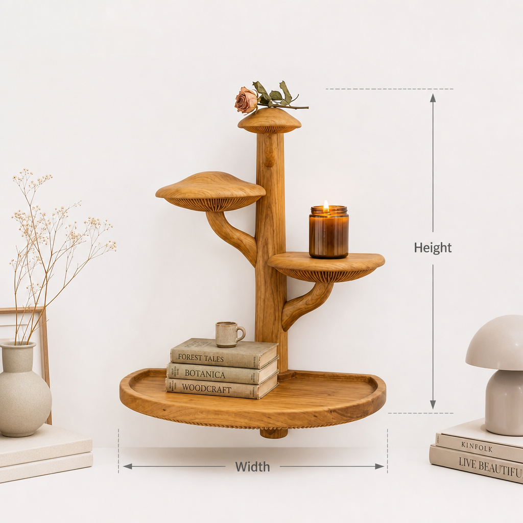 Mushroom Tree Wall Shelf with Large Oval Base Tray and 3 Mushroom Cap Shelves - Handcrafted Solid Wood Floating Shelf with Carved Gill Detail