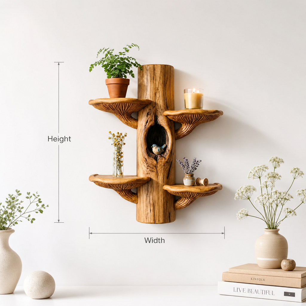 Mushroom Tree Wall Shelf with Paired Fan Shelves - Handcrafted Solid Wood Symmetrical Display Shelf for Living Room, Bedroom, Entryway