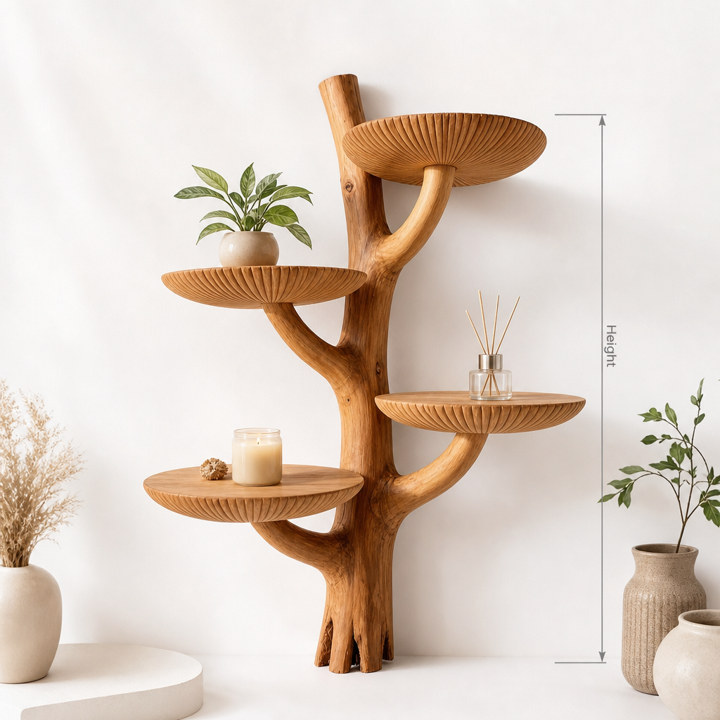 Mushroom Tree Wall Shelf with Root Base and 4 Dished Caps - Handcrafted Two-Tone Solid Wood Floating Shelf for Living Room, Bedroom, Entryway