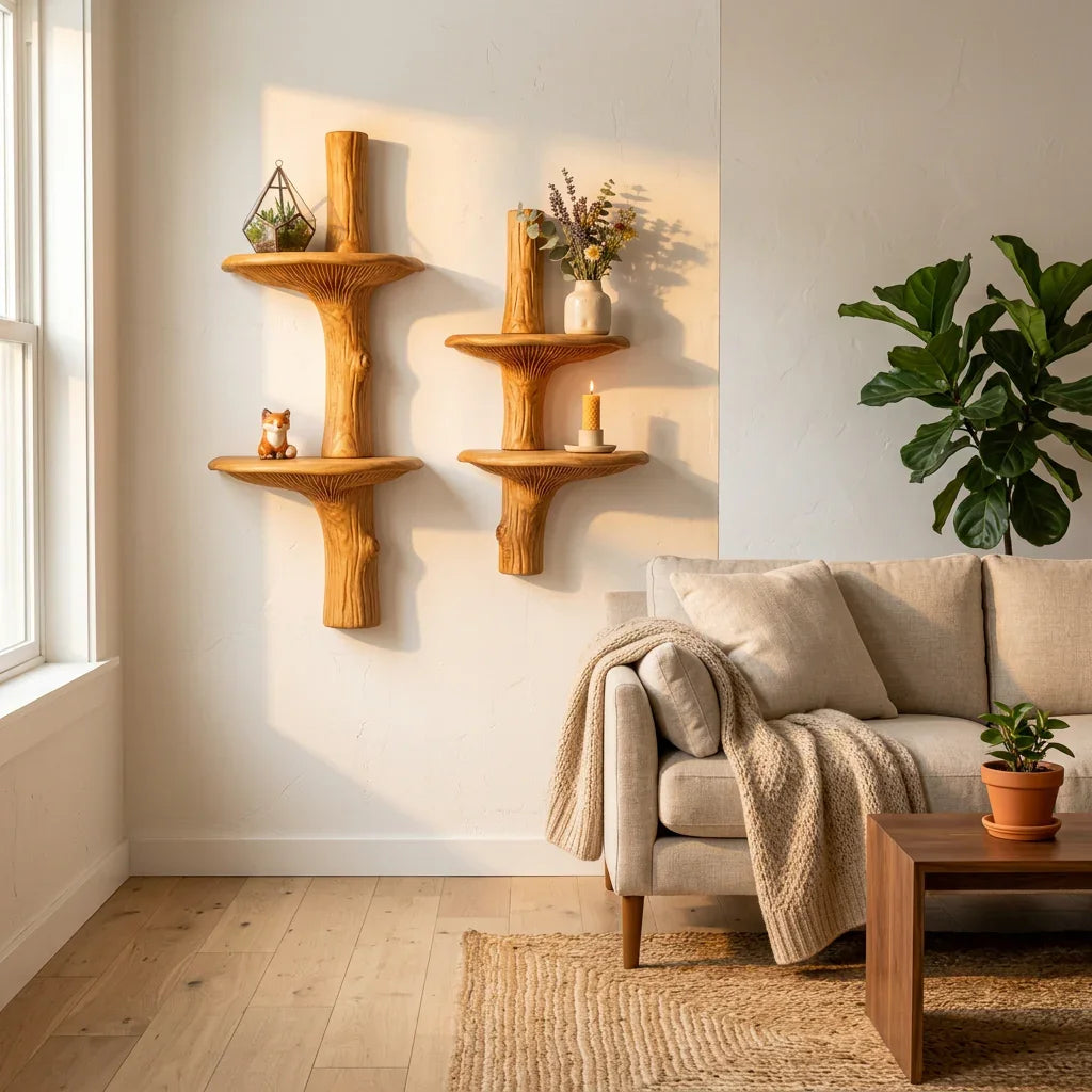 Mushroom Trunk Wall Shelf with Wide Cap Shelves - Handcrafted Solid Wood Floating Shelf with Deep Carved Gill Detail and Natural Bark Trunk - Ashdeco 2026