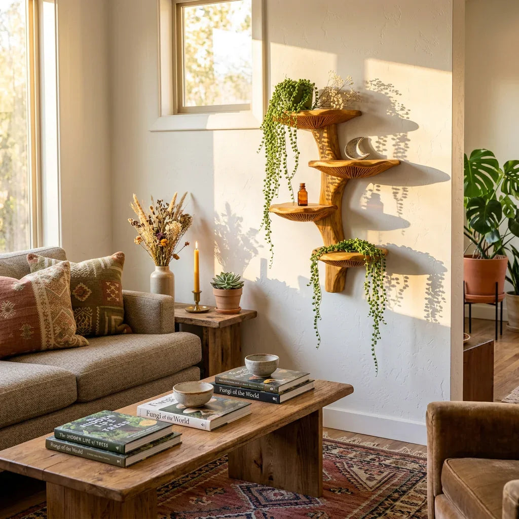 Mushroom Cap Plant Wall Shelf - Handcrafted Solid Wood Floating Shelf with Alternating Mushroom Shelves for Trailing Plants & Decor - Ashdeco 2026