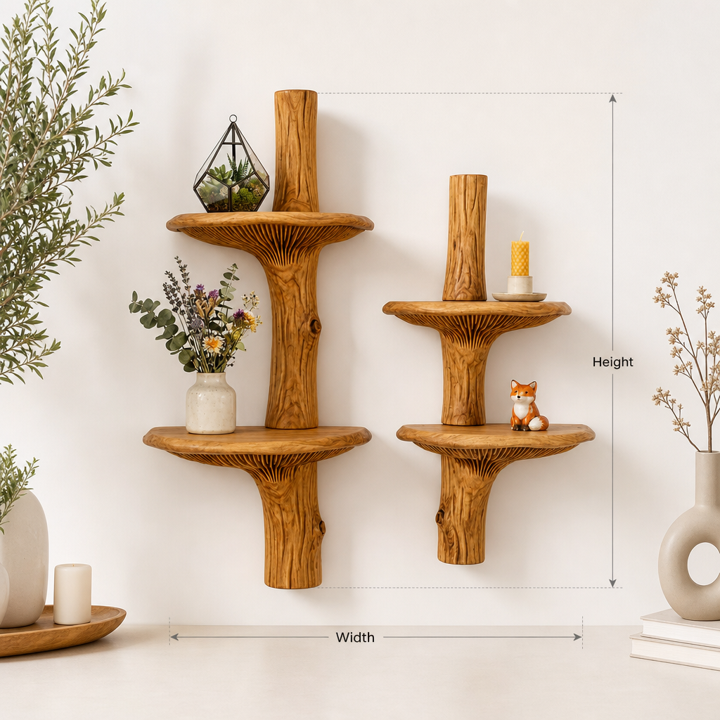 Mushroom Trunk Wall Shelf with Wide Cap Shelves - Handcrafted Solid Wood Floating Shelf with Deep Carved Gill Detail and Natural Bark Trunk