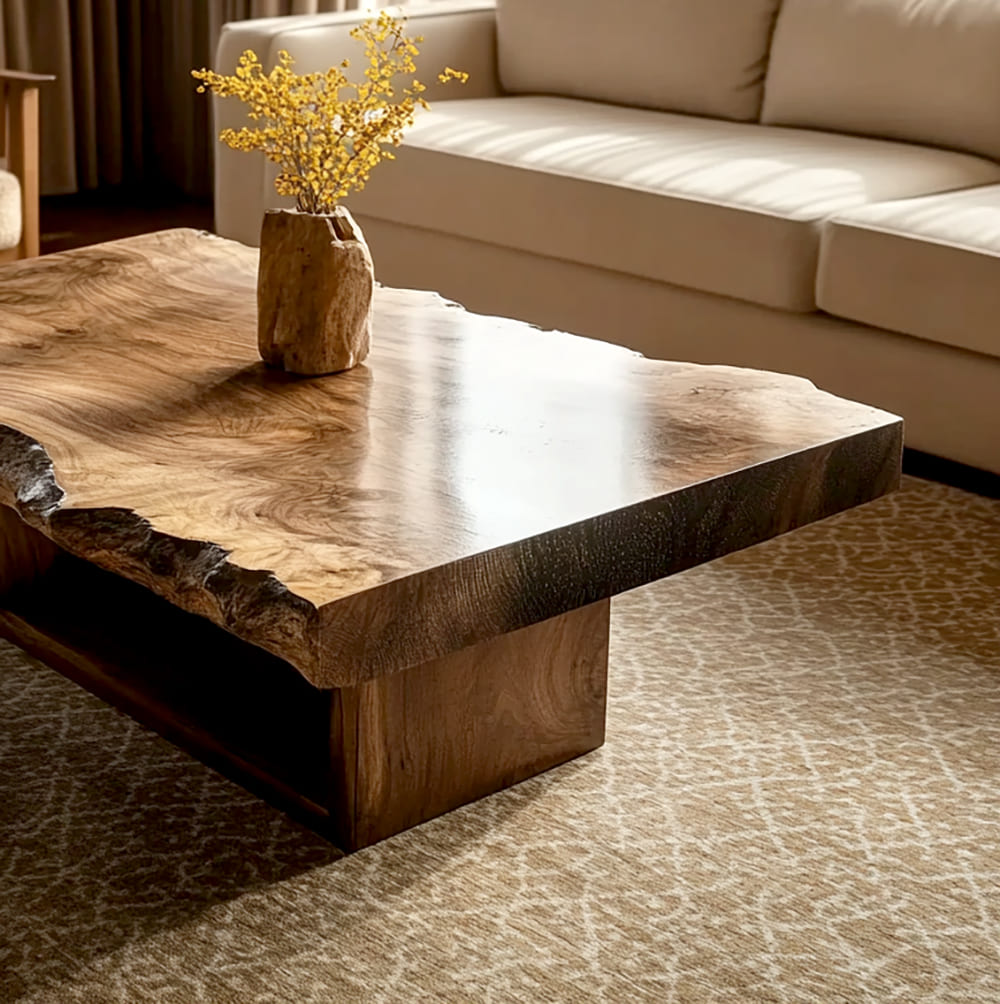 Organic modern solid wood coffee table featuring a bold irregular silhouette