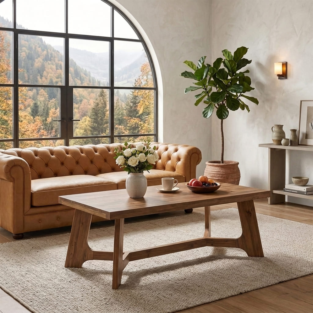 Rustic luxury coffee table crafted from solid wood in a cozy living space