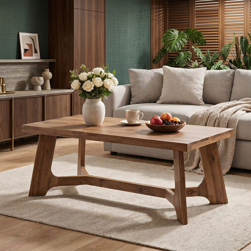 Natural edge solid wood coffee table styled in a modern artistic living room