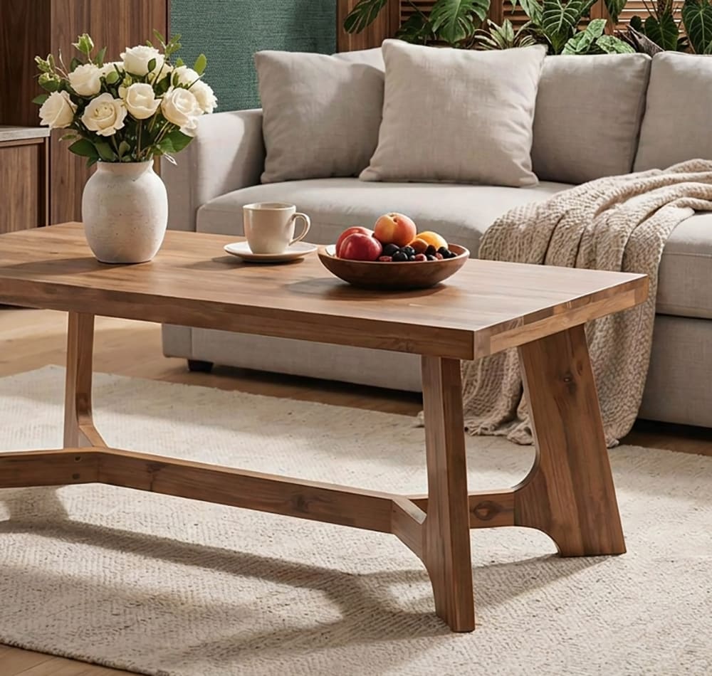Handcrafted solid wood coffee table showcasing natural edge wood grain and sculptural form