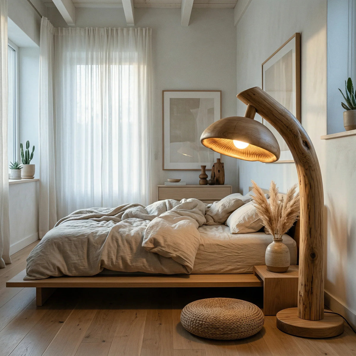 Natural mushroom floor lamp with sculpted solid wood base beside a modern bed in a cozy room