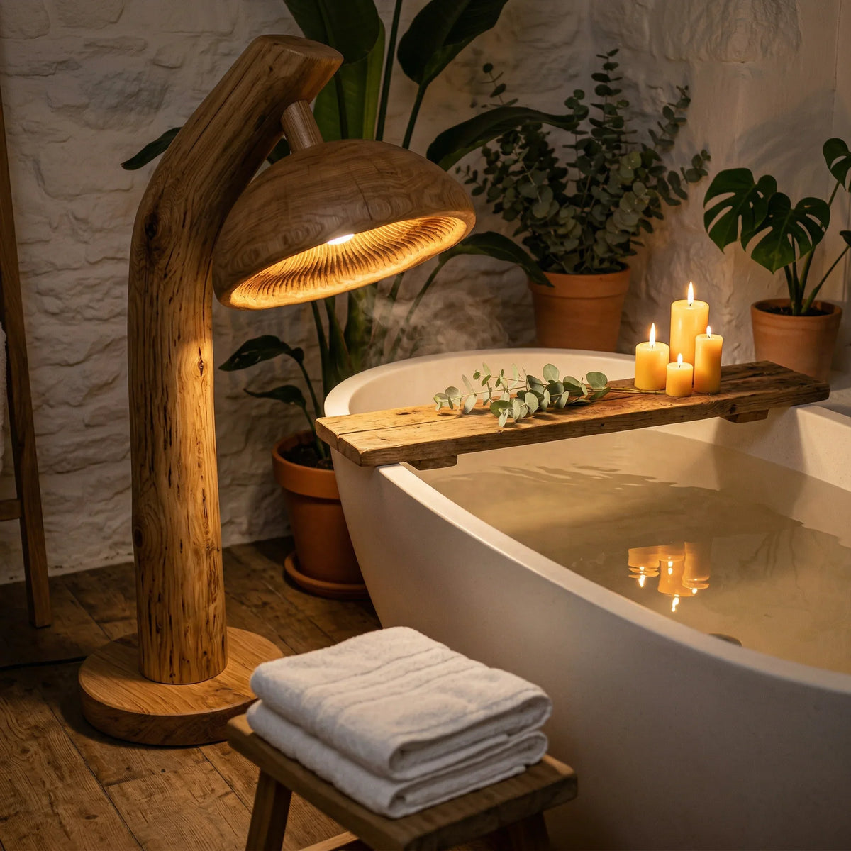 Natural wood mushroom floor lamp with sculpted stem beside a cozy bathtub and candles
