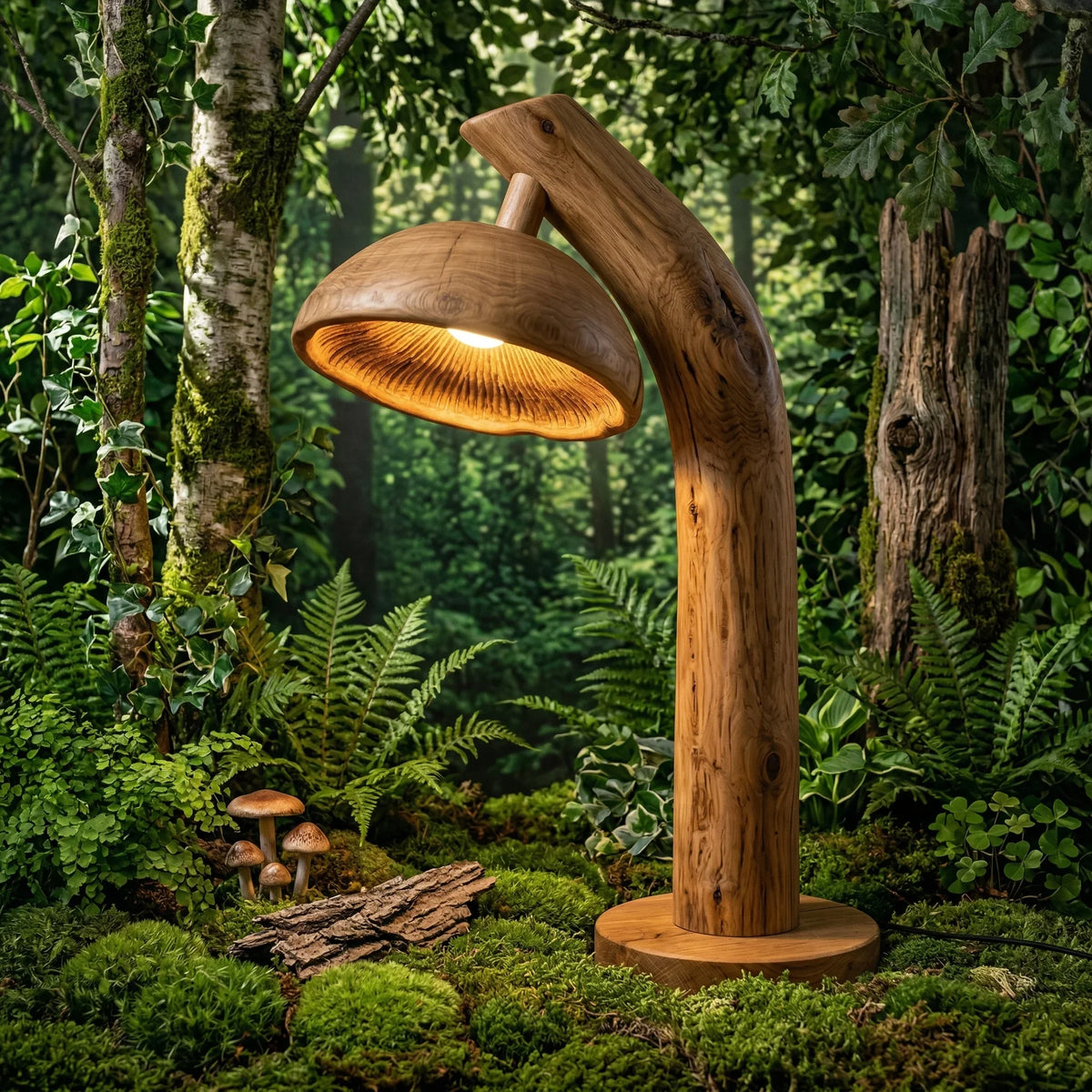 Mushroom-shaped solid wood floor lamp with glowing gill detail in a lush forest setting