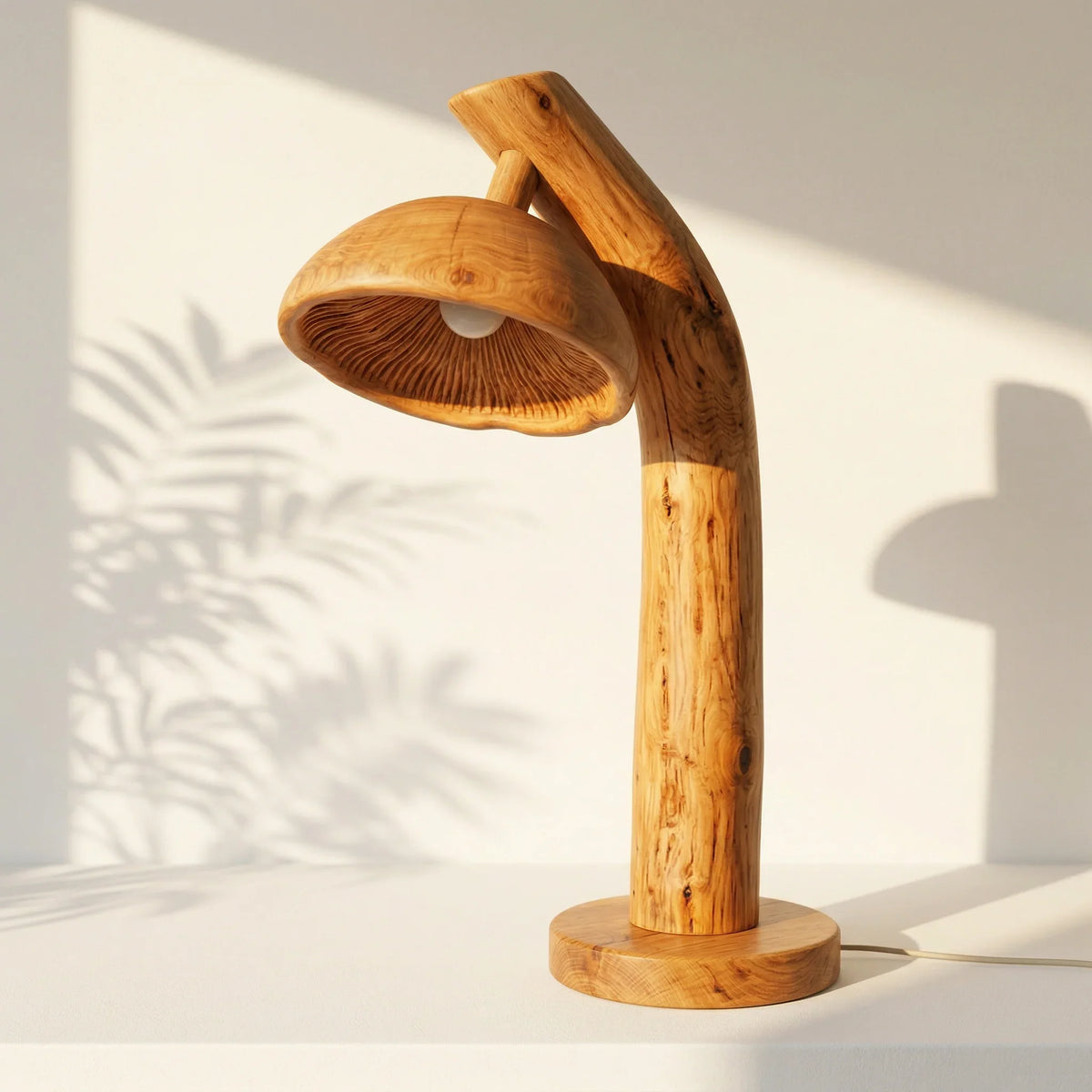 Mushroom-inspired floor lamp with sculpted solid wood stem and base in natural finish