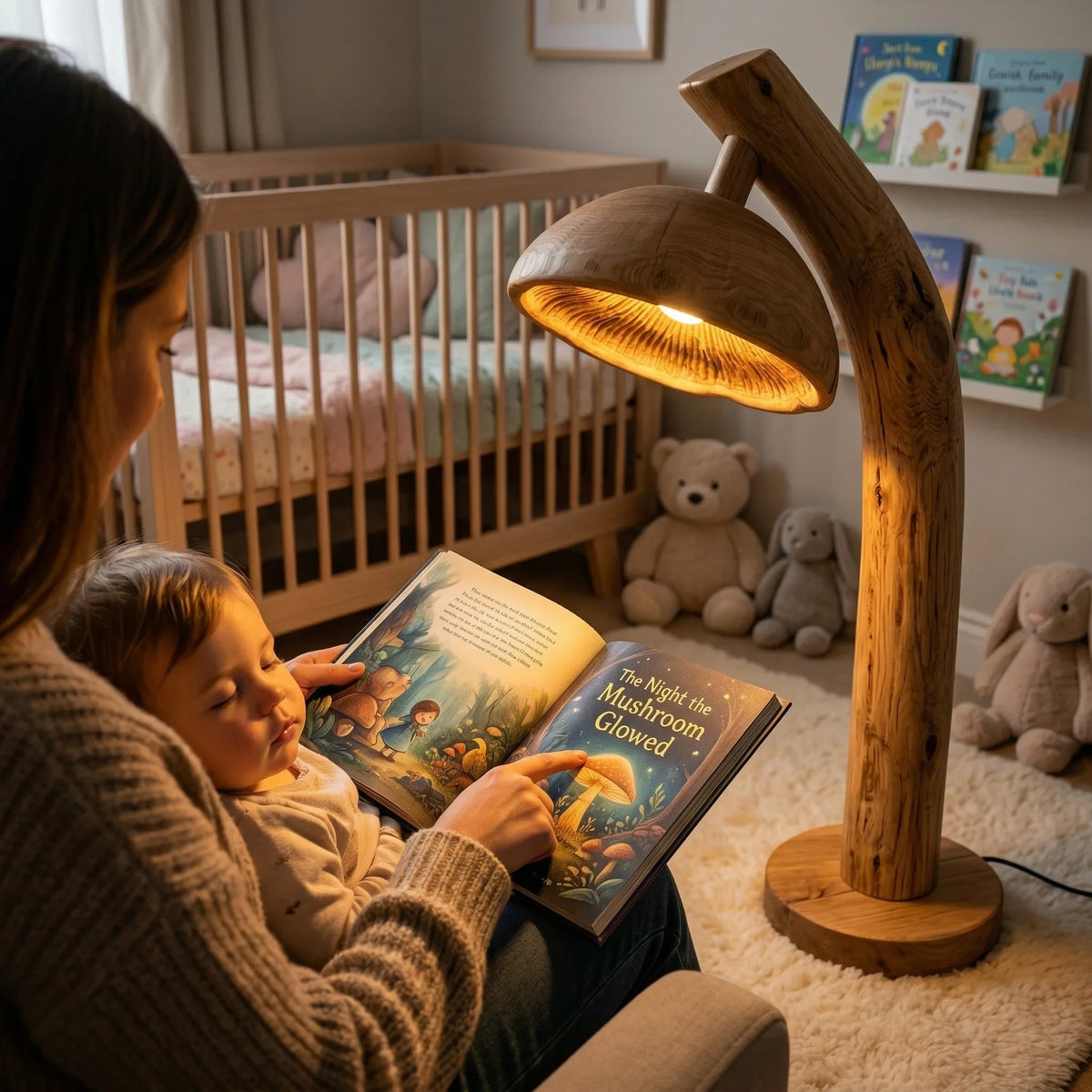 Natural wood mushroom floor lamp with glowing gill detail beside crib in cozy nursery