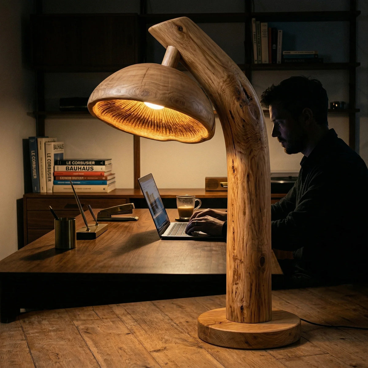 Natural wood mushroom floor lamp with illuminated gill design on solid wood base in office.