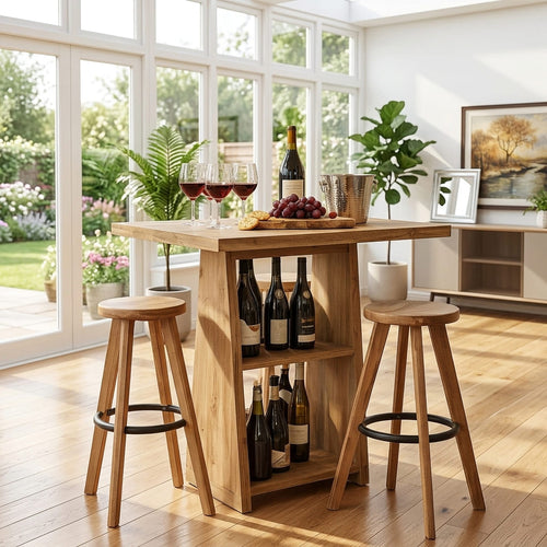 Natural Wood Multi-Functional Bar Table with Bottle Display Shelf