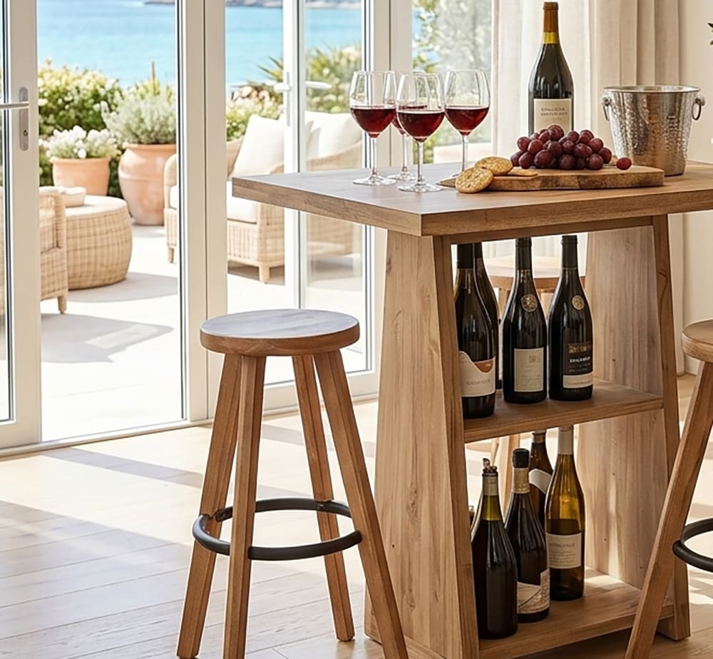 Farmhouse wooden bar table creating a stylish entertaining space