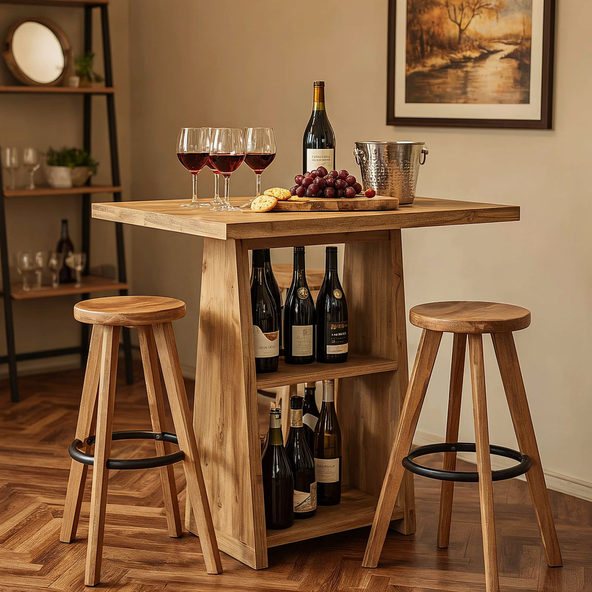 Natural wood bar table with wine storage in a modern dining area