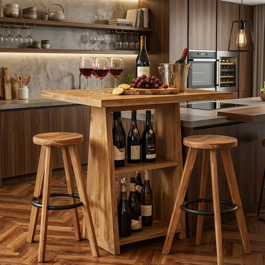 Natural wood bar table with wine storage in a modern dining area