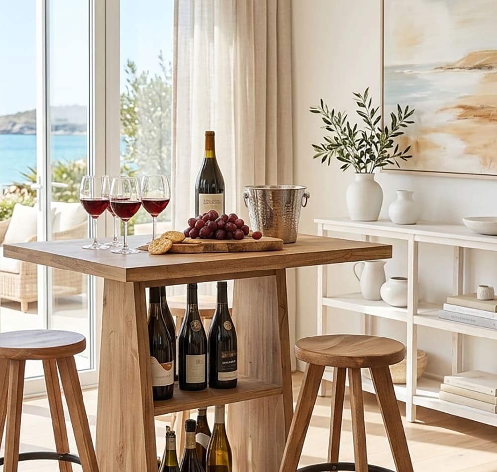 Rustic solid wood bar table with bottle display shelf in a home bar
