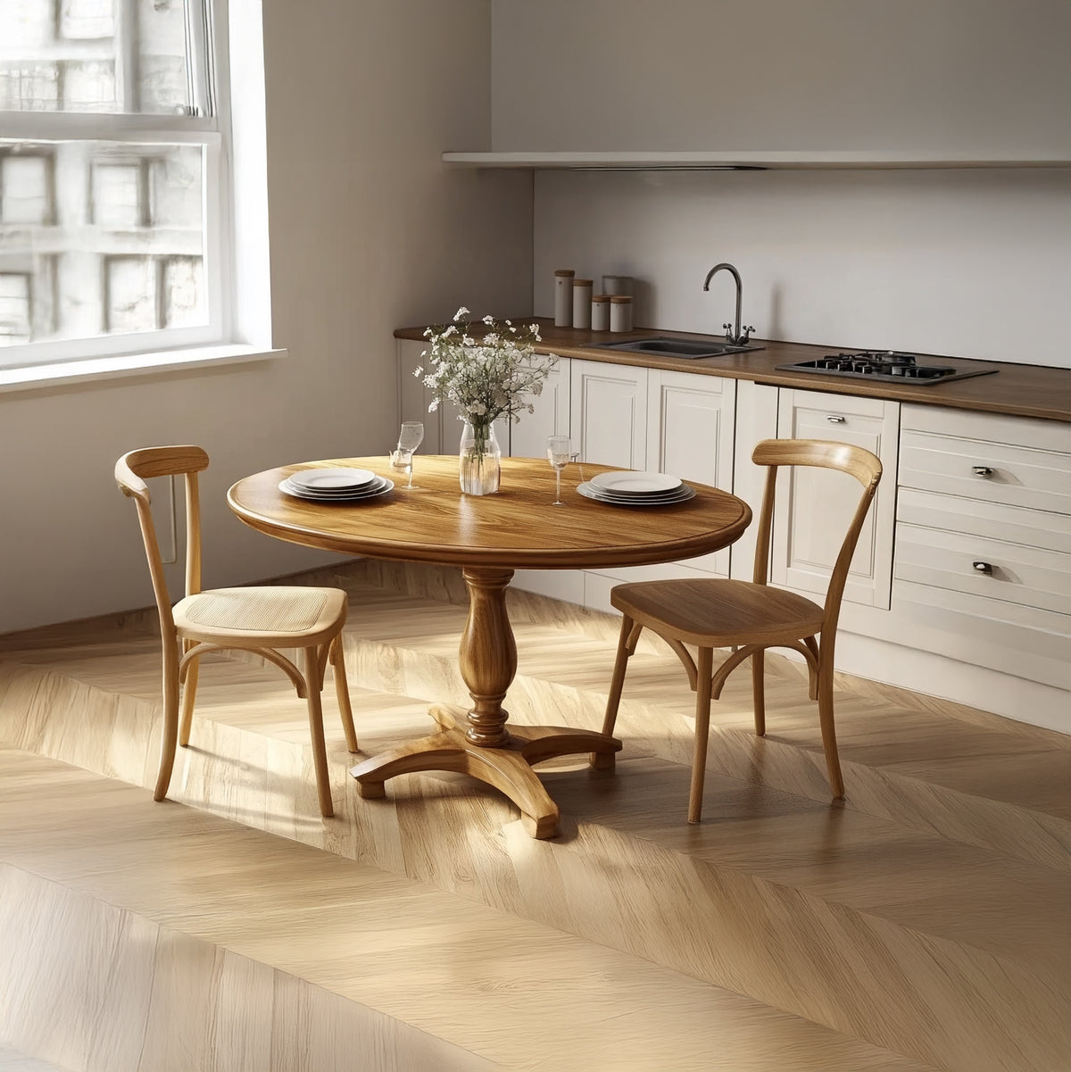 Natural wood round dining table with organic modern design