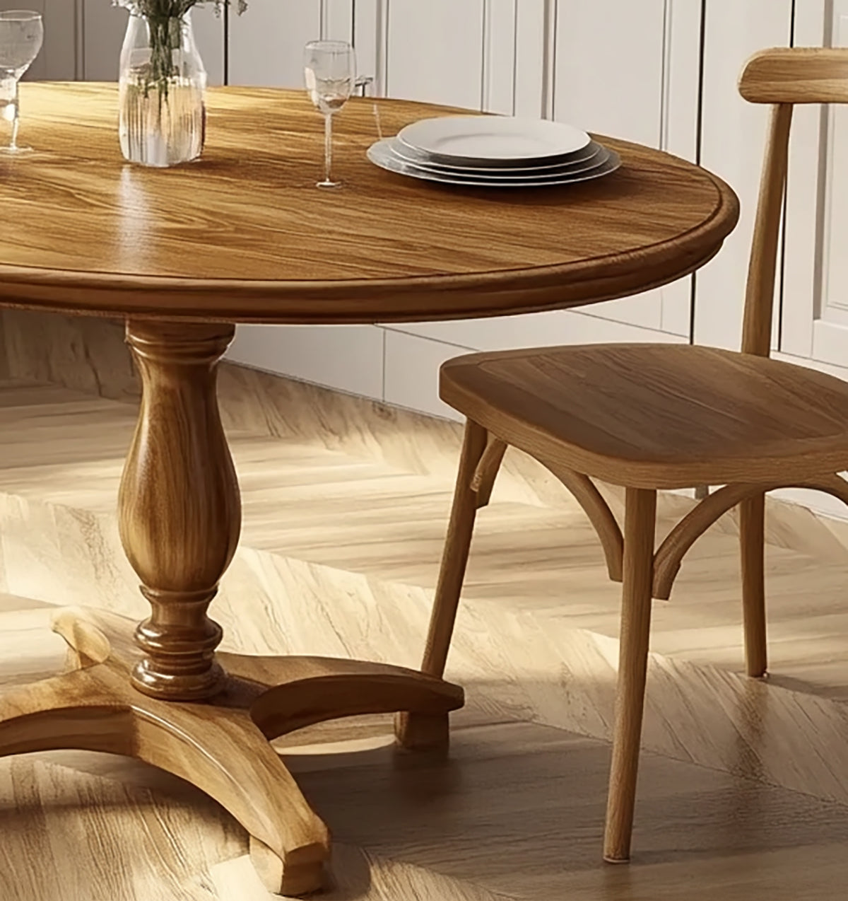 Round solid wood dining table for kitchen interiors