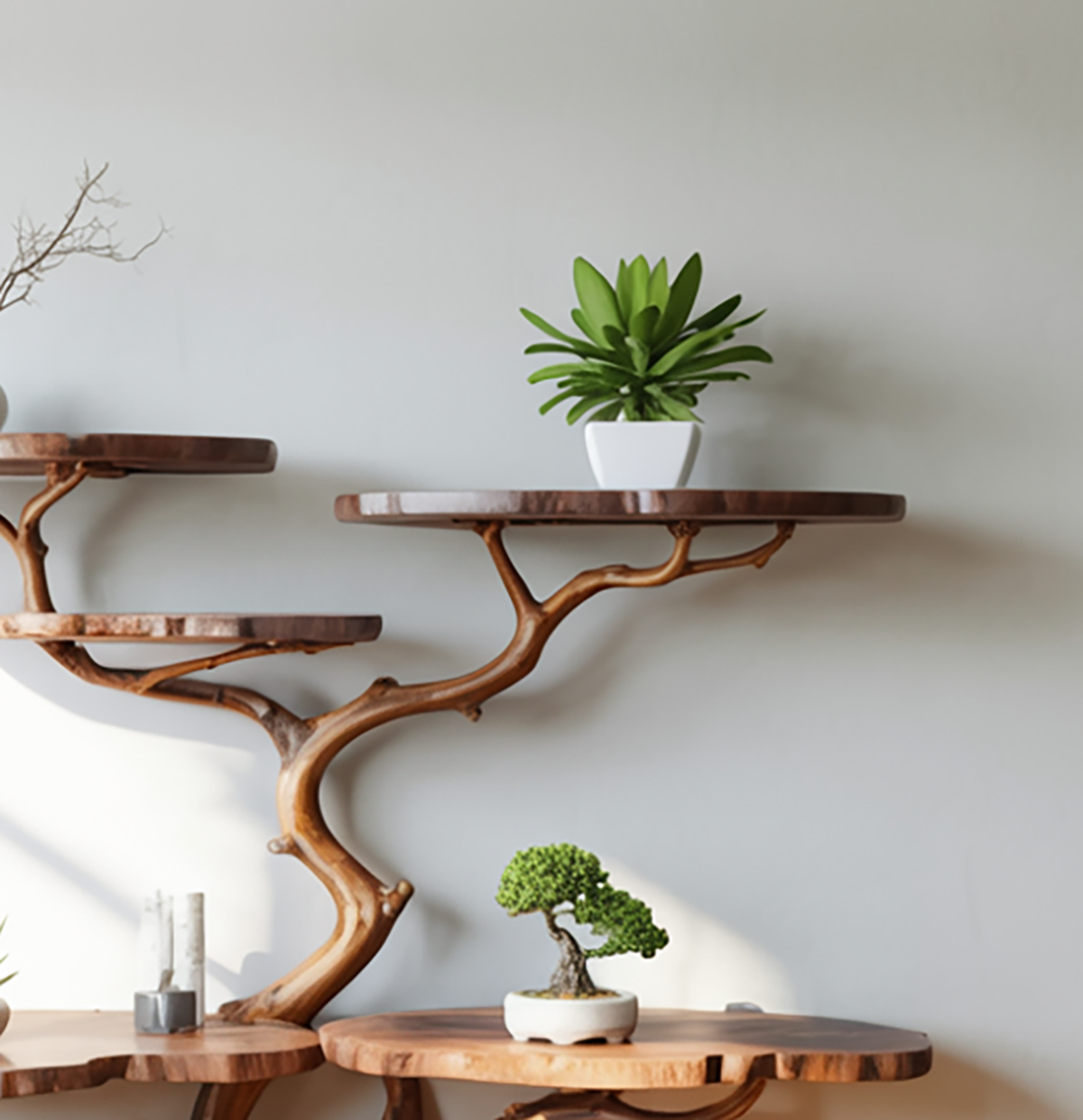 Wooden floating shelf for indoor plants and ornaments
