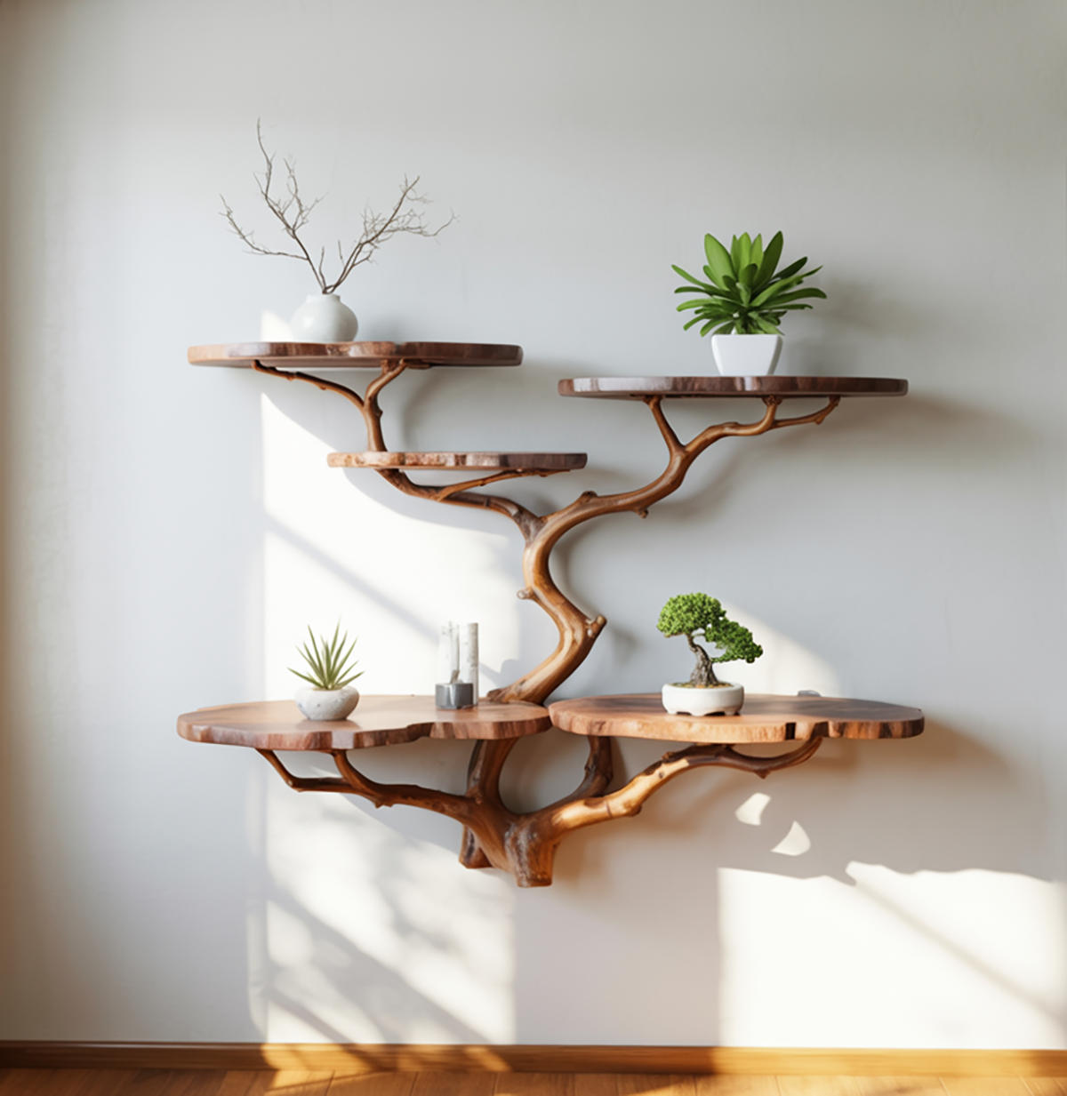 Floating tree branch wall shelf decorated with potted plants under warm morning sunlight