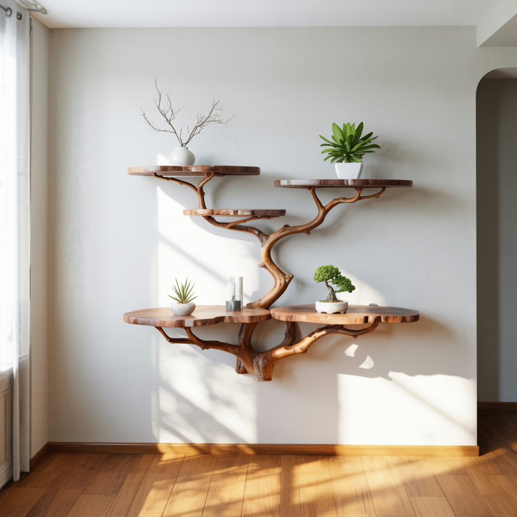 Natural wooden wall shelf for plants and home decor