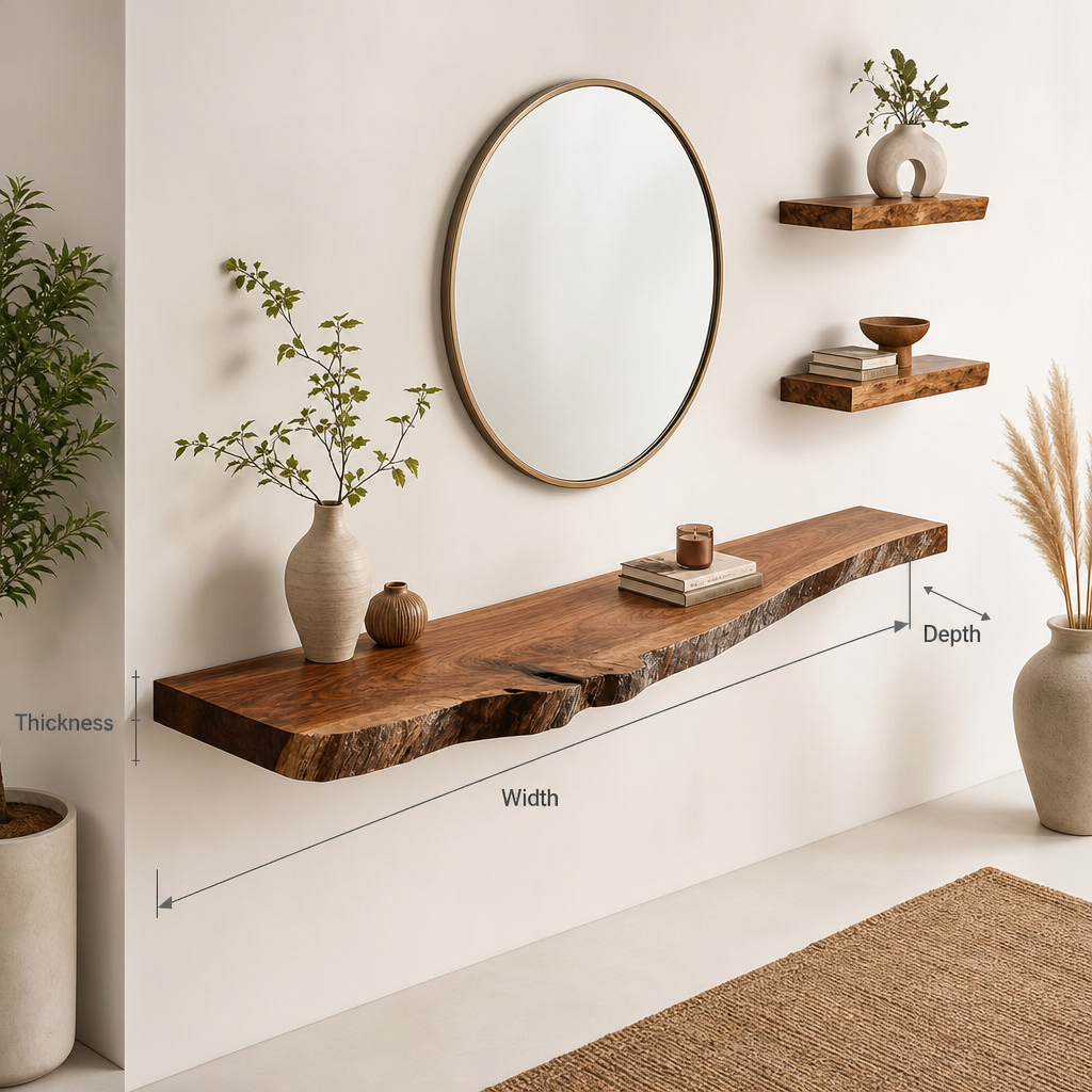 Natural Solid Live Edge Floating Shelves – Rustic Solid Wood Wall Mounted Shelves