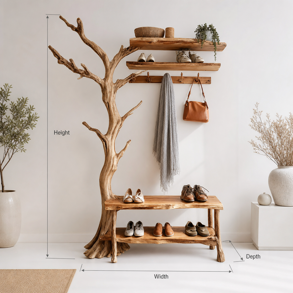 Organic wall mounted driftwood natural tree branch coat rack hanger setup