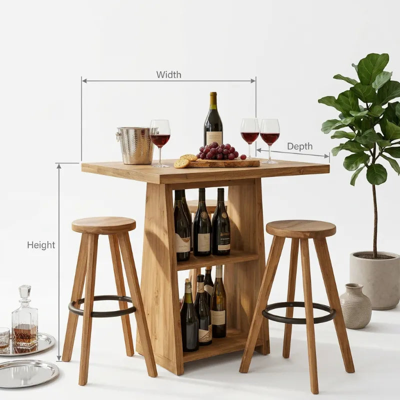 Natural Wood Multi-Functional Bar Table with Bottle Display Shelf