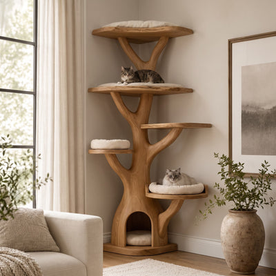 Nature Inspired Branch Solid Wood Corner Cat Tree Tower Condo