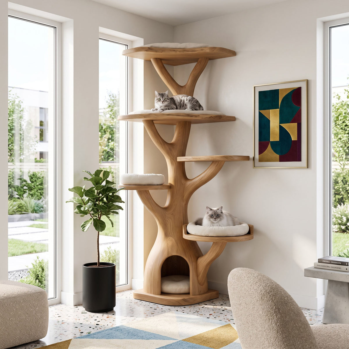 Sculptural solid wood cat tower enhancing a contemporary living space