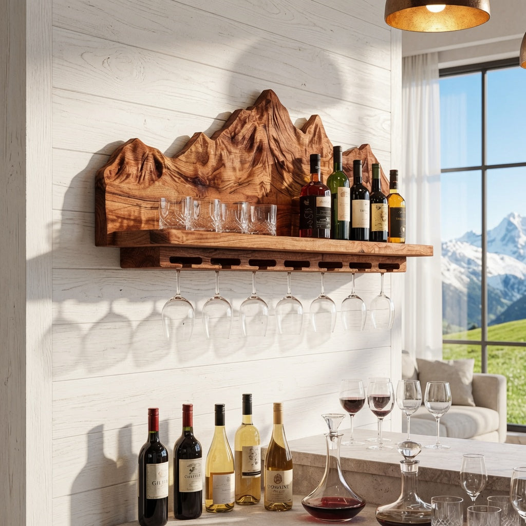 Wooden mountain wine display shelf creating a focal point in a home bar