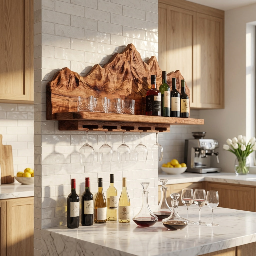 Artisan solid wood wine holder adding natural charm to a farmhouse kitchen