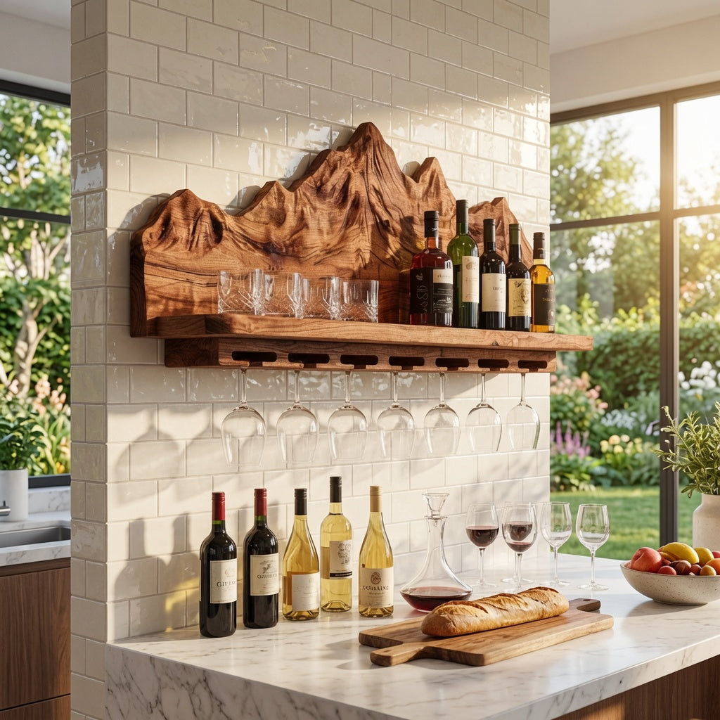 Handcrafted mountain wine shelf displaying bottles and glassware in a dining room
