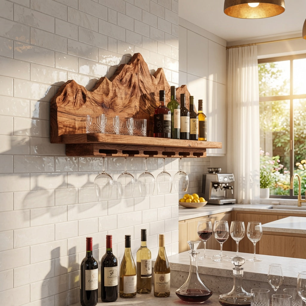 Nature inspired solid wood wall wine holder in a modern home bar