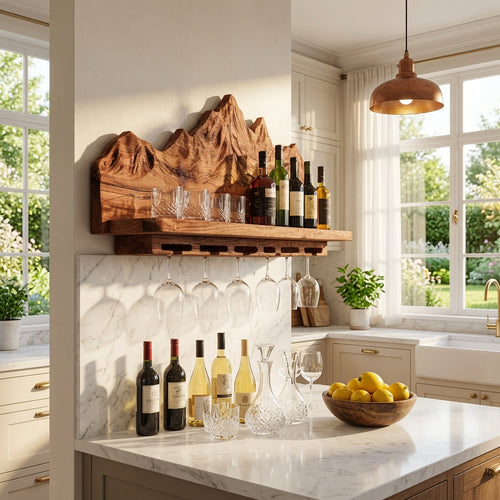 Nature Inspired Wall Wine Holder With Mountain Shelf For Home Bar
