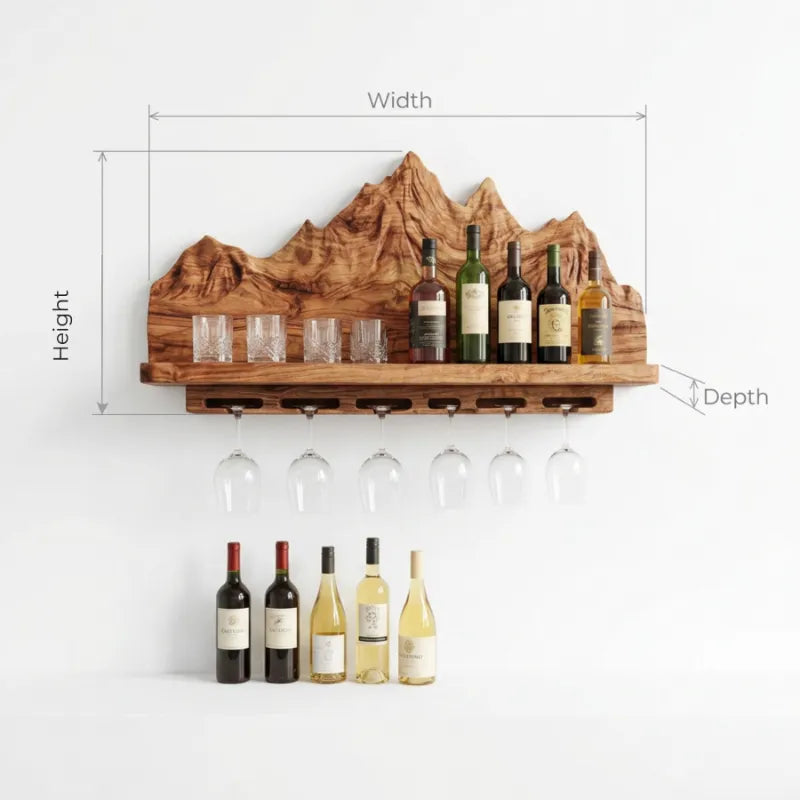 Nature Inspired Wall Wine Holder With Mountain Shelf For Home Bar