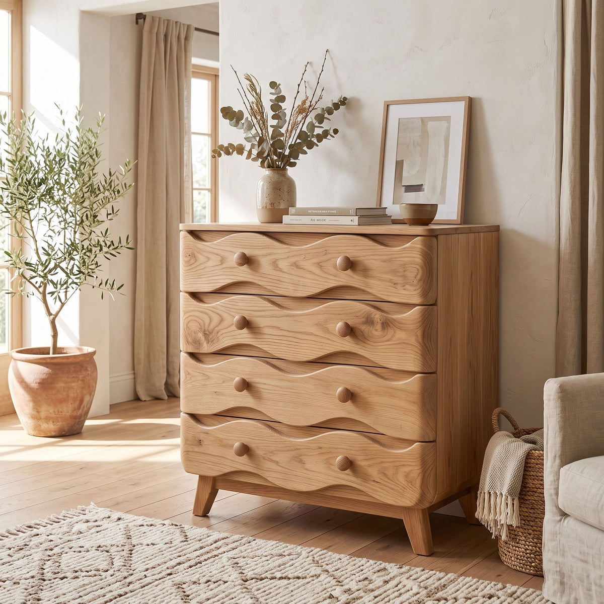 Nordic wave solid wood highboard styled in a contemporary living room