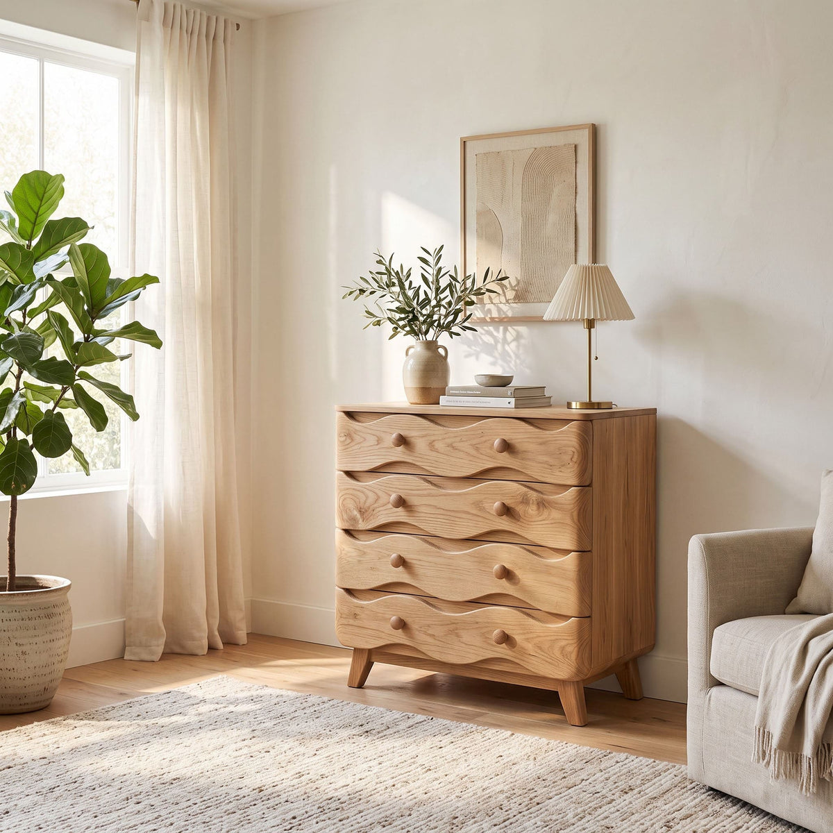 Four tier wooden drawer cupboard displayed in a minimalist home interior