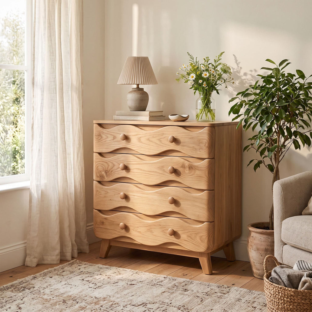 Sculptural wave highboard with multiple storage drawers in a modern bedroom