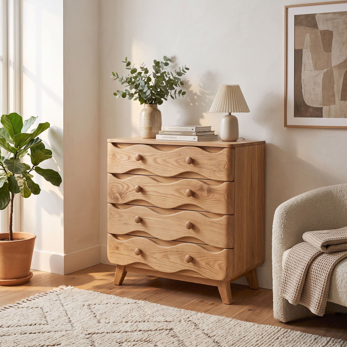 - Wave front wooden storage cupboard creating a sculptural focal point in a refined living space