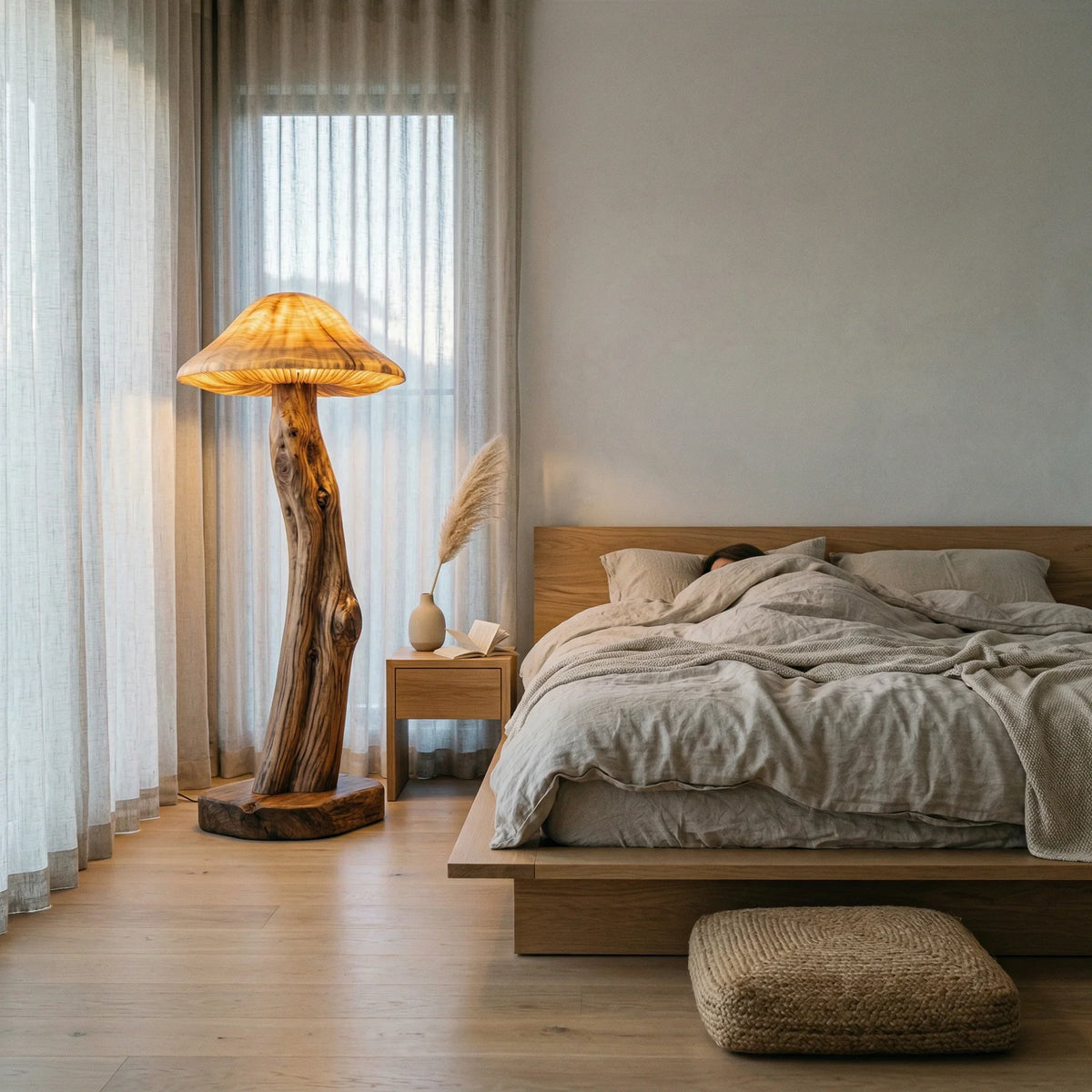 Mushroom-shaped wooden floor lamp with glowing cap beside bed in cozy minimalist bedroom