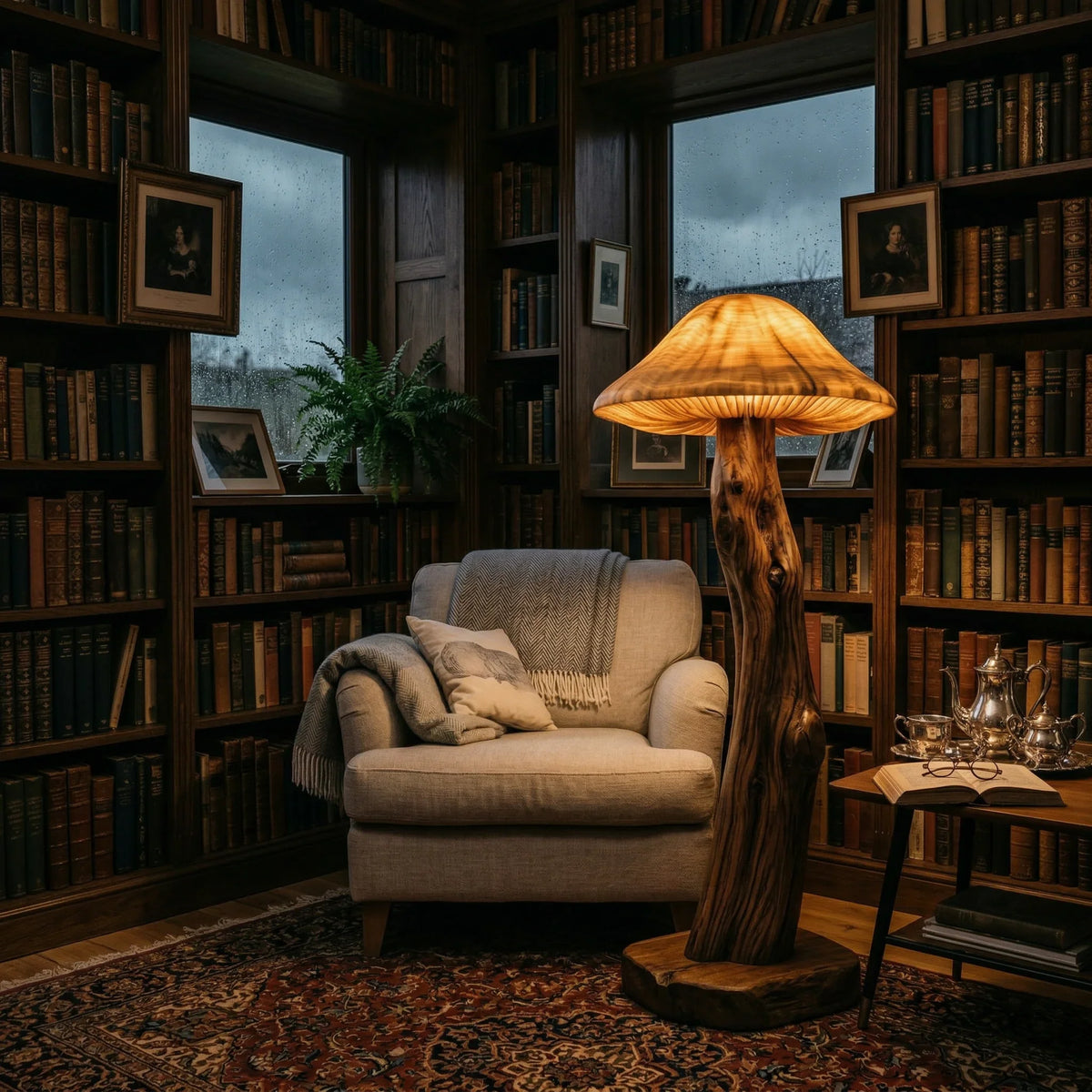 Mushroom-shaped floor lamp with translucent cap and sculpted wood log base in cozy library.