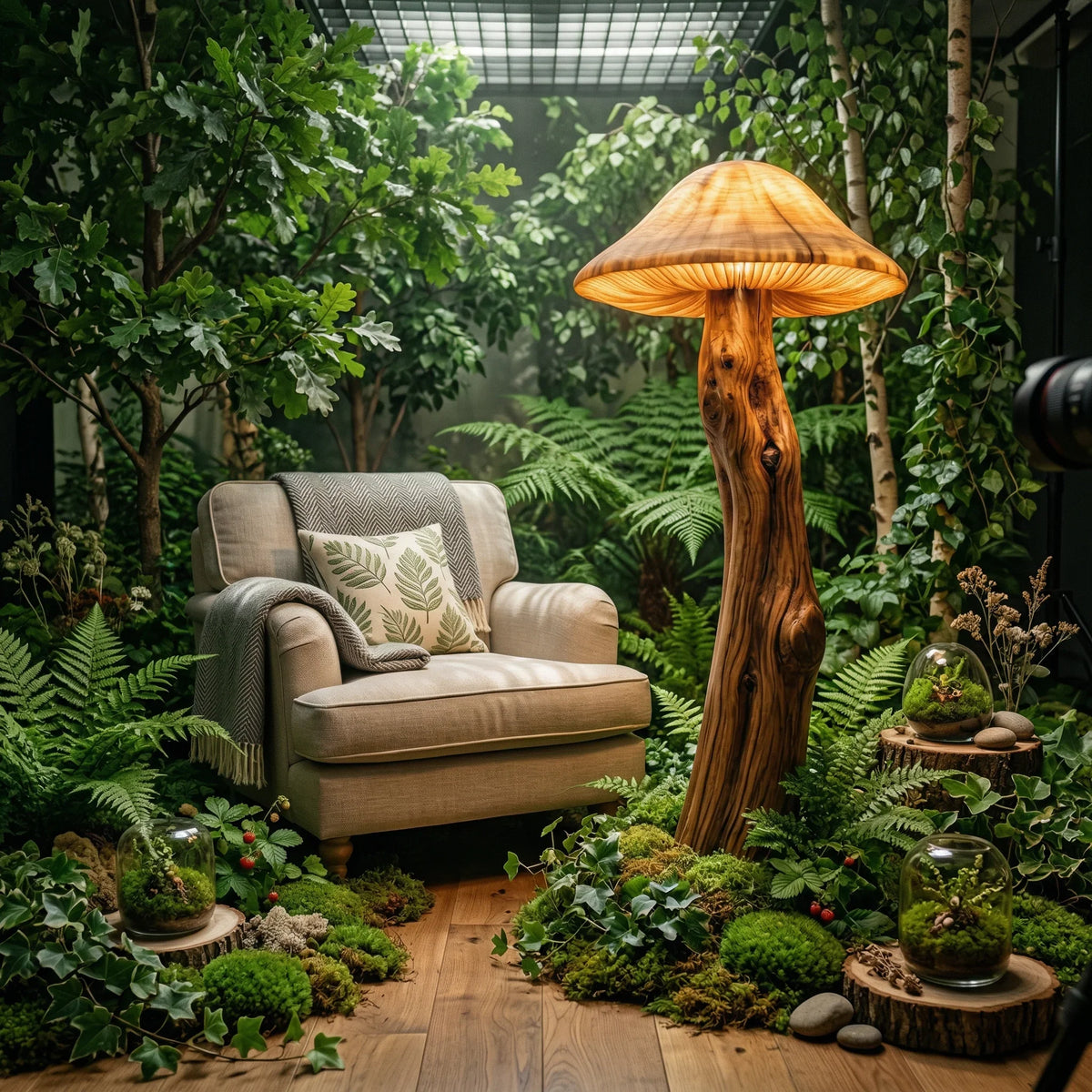 Mushroom floor lamp with glowing cap and sculpted wood log stem on live edge base in lush nursery setting