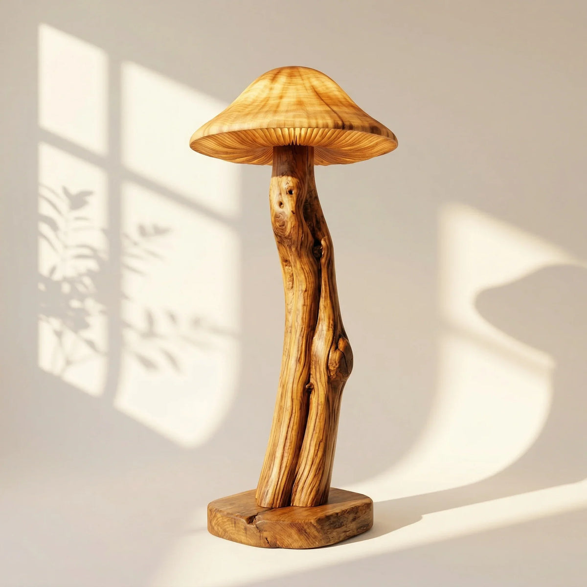 Mushroom floor lamp with translucent gill cap, sculpted wood log stem, and live edge base