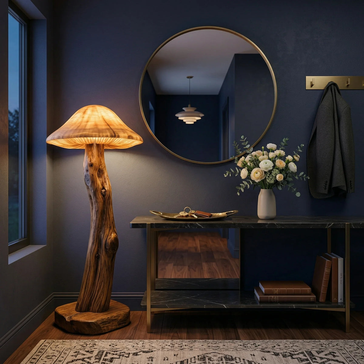 Mushroom-shaped floor lamp with sculpted wood base in a modern entryway setting