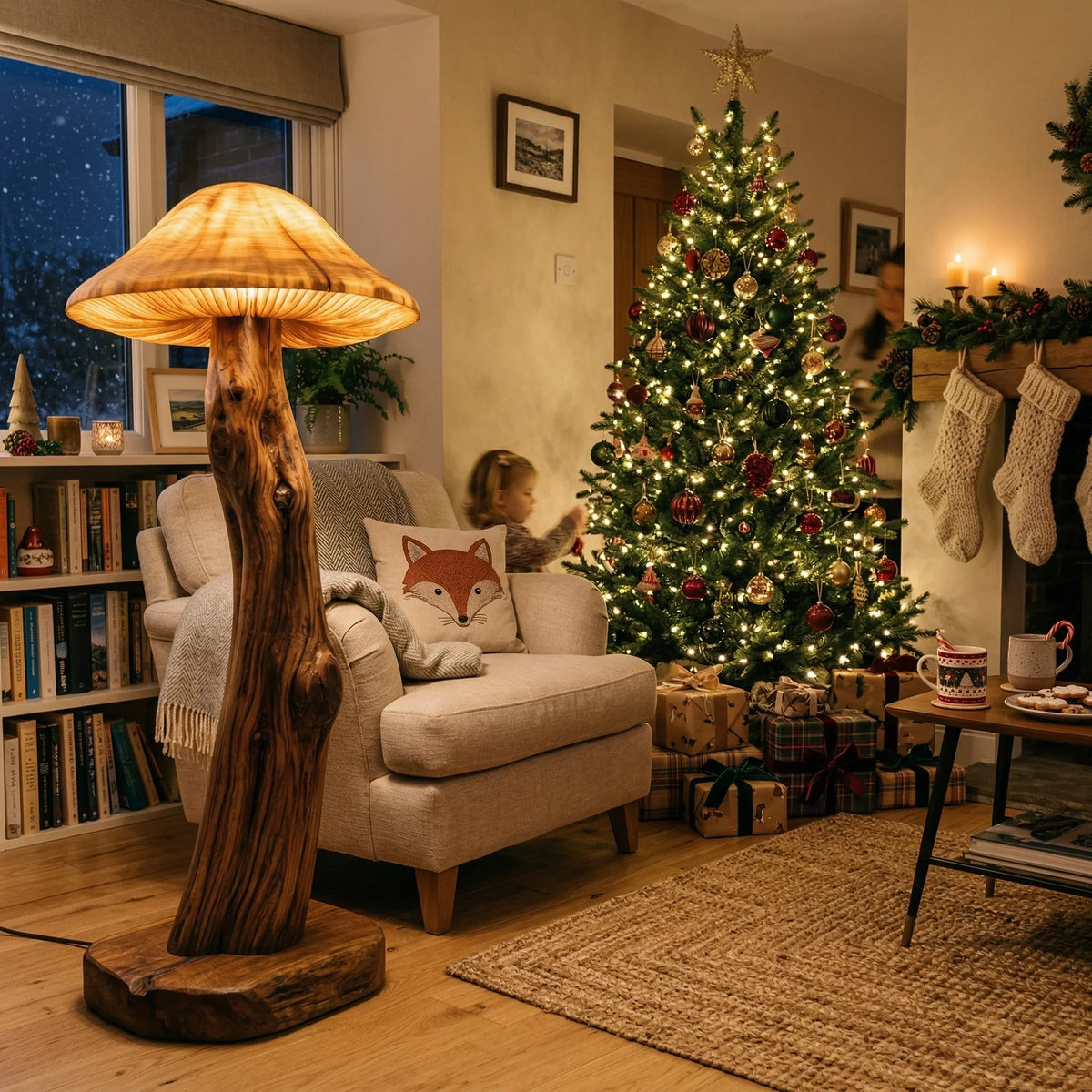 Mushroom-shaped floor lamp with sculpted log stem beside armchair in cozy holiday living room